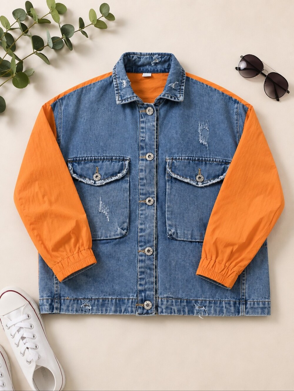 Zhongguo Goofy Distressed Denim Jacket Orange Contrast 2 Tone S/M 3/4 Sleeve